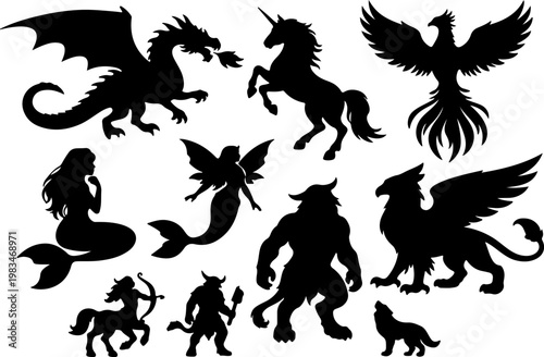 Black Silhouette Set of Mythical Creatures — Dragon, Unicorn, Phoenix, Mermaid, Griffin, Centaur, Troll, Fairy, Werewolf, Wolf Vector Collection