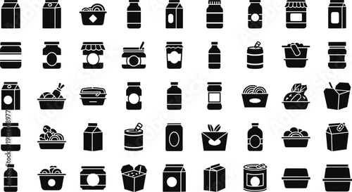 Collection of food packaging and containers isolated on white background