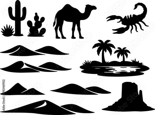Desert Landscape Black Silhouette Set — Camel, Cactus, Sand Dunes, Scorpion, Oasis, Mesa Rock Vector Collection