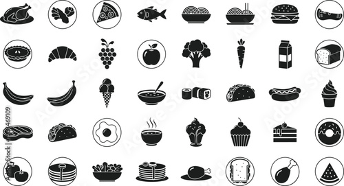 Flat vector food icon collection featuring various meal options snacks desserts and healthy produce