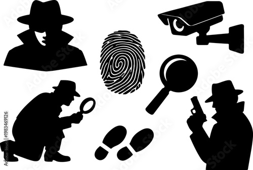 Detective and Spy Black Silhouette Set — Inspector, Fingerprint, Magnifying Glass, CCTV Camera, Footprint, Gun Vector Collection