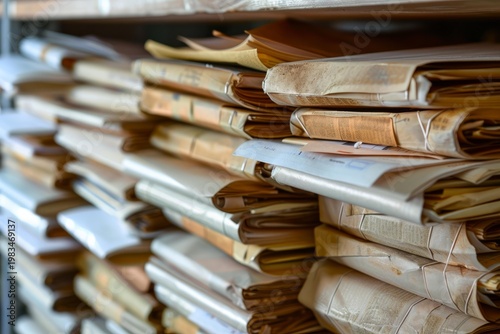 Many old dusty files stacked high on a shelf represent the concept of bureaucracy
