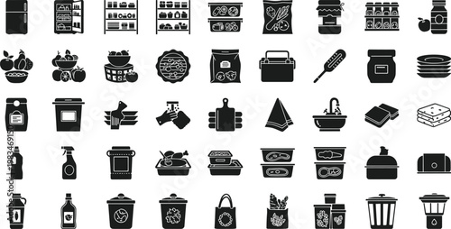 Food storage and preparation icons for kitchens and commercial establishments