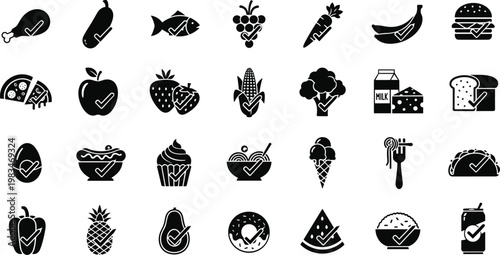 Healthy food choice icons with check mark symbols for nutritional guidance and diet planning labels