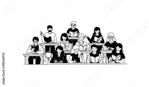 University classroom with students studying together black and white vector illustration academic campus education scene