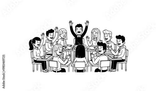 Cartoon university students classroom discussion black and white vector illustration group study education concept