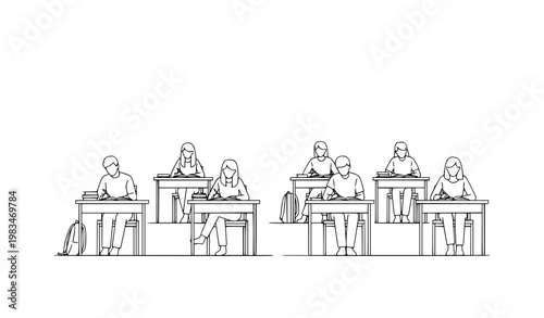 University students studying in classroom line art black and white minimal outline vector illustration education scene