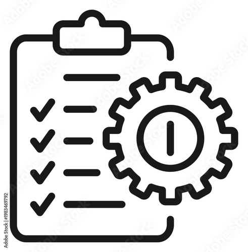 Black vector icon illustration of a clipboard with checkmarks and a gear cogwheel, representing task management, workflow automation, technical settings, process optimization, and productivity.
