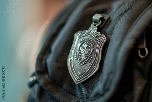 Close up of a silver metal badge attached to a black backpack, representing group affiliation or personal style