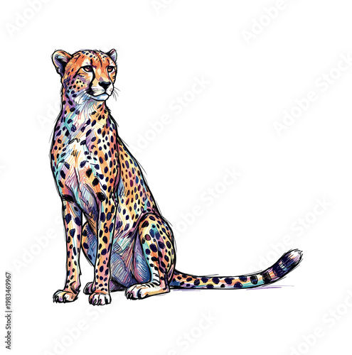 Sitting cheetah in full body pose with upright posture and long tail extended along the ground highlighting spotted rhythm and