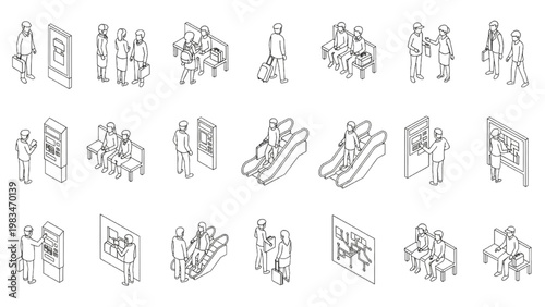 Isometric View Subway Station Commuter Flow Architectural Blueprint Outline Vector Icon Set – Thin Technical Line Style Isolated on White Background