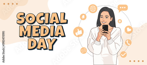 Social Media Day banner design with female character and digital communication symbols