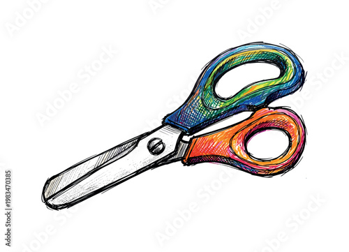 Child-safe scissors with rounded tips and ergonomic handles forming recognizable classroom craft tool in expressive vibrant