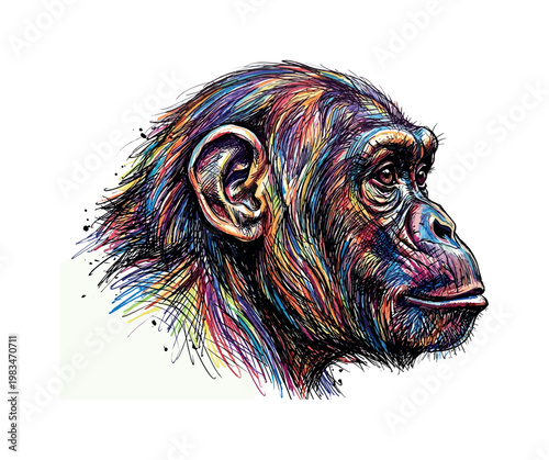 Chimpanzee head profile facing right with defined muzzle and ear structure emphasized through directional pen strokes and layered