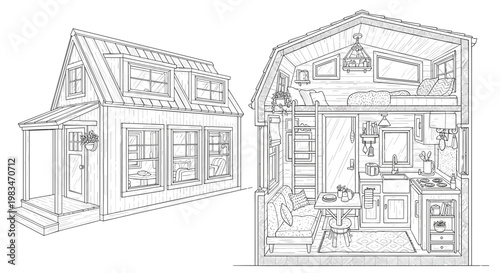Compact architectural tiny house design featuring a detailed exterior facade and a functional cutaway interior layout with minimalist wooden furniture.