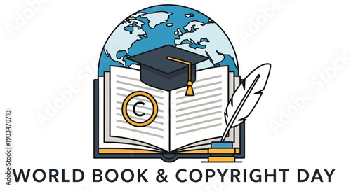 World book and copyright day illustration with globe book and graduation cap