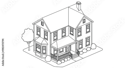 Charming two-story suburban family home rendered in a clean isometric perspective with a wrap-around porch, bay window, and manicured landscaping.