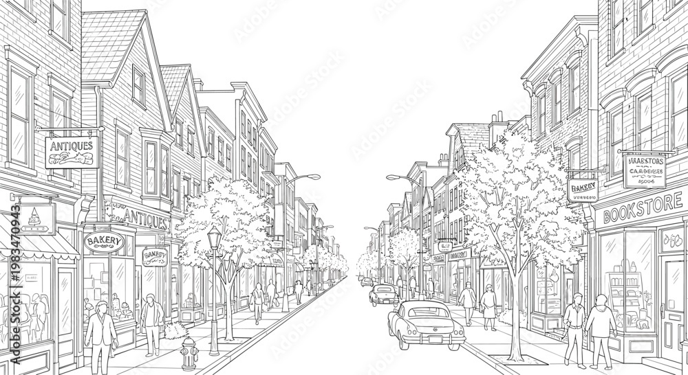 Naklejka premium Bustling urban street scene featuring historic brick storefronts, leafy trees, and pedestrians walking along the sidewalk in a detailed sketch style.