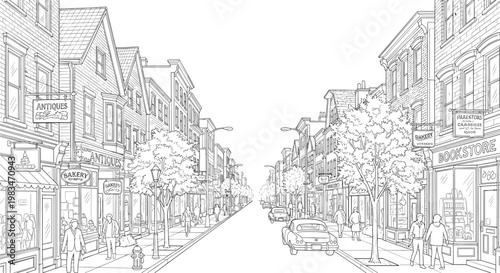 Bustling urban street scene featuring historic brick storefronts, leafy trees, and pedestrians walking along the sidewalk in a detailed sketch style.