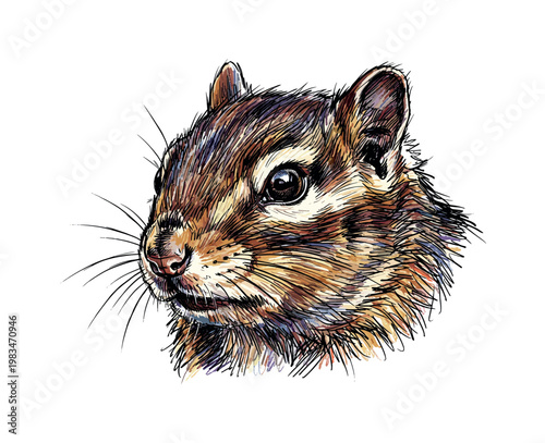 Frontal chipmunk head with symmetrical stripe markings and bright eyes highlighted by fine fur texture and structured hatching