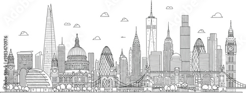 Detailed black and white line art drawing featuring the iconic skyline of london with famous skyscrapers and historical monuments