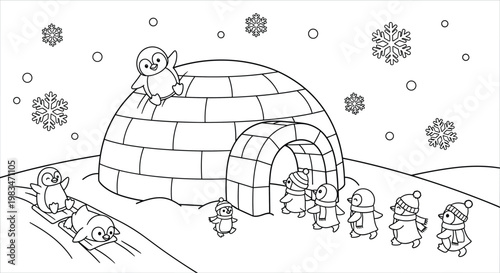 Playful group of penguins sliding and walking around a sturdy igloo in a snowy winter landscape filled with falling snowflakes and icy textures.