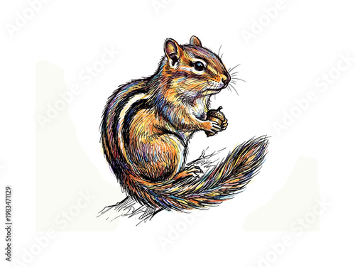 Sitting chipmunk in full body pose with upright posture and tail curved along the body highlighting stripe rhythm and soft fur