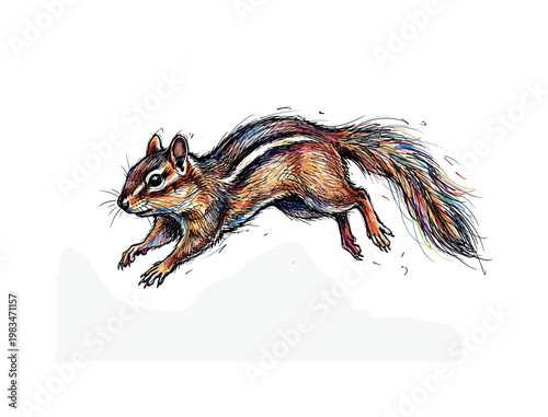 Chipmunk in dynamic leap with extended limbs and arched body silhouette capturing agility and motion through compact anatomy and
