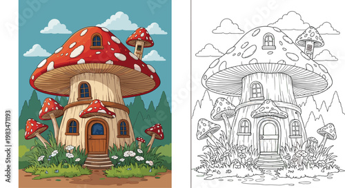 Side-by-side comparison of a vibrant mushroom house illustration and its corresponding black and white line art version for creative coloring pages.