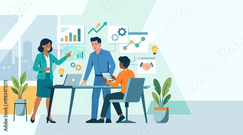 Clean Collaborative Business Team Scene, Flat-color Vector, Very Simple Shapes, Clear Silhouettes, Minimal Background, Strong Hierarchy, Spacious Composition, No Text