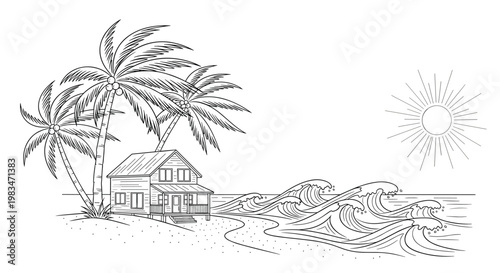 A charming rustic beach cottage sits peacefully on a sandy shore beneath swaying palm trees while ocean waves roll gently under a bright radiant sun.