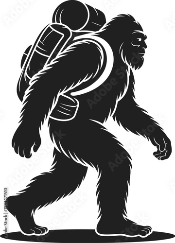 Bigfoot hiker with backpack walking, minimalist black silhouette on gray background, vector illustration for adventure, hiking, mystery, and outdoor exploration design projects.