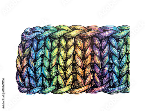 Chunky knit fabric swatch with thick interwoven loops and raised stitch texture forming tactile textile object with rich surface