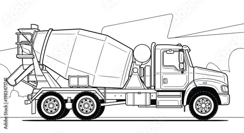 A heavy-duty concrete mixer truck with a large rotating drum and rear discharge chute stands ready for work in this detailed black and white line drawing.