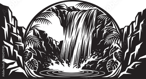 Jungle waterfall silhouette with tropical palm leaves monstera plants and rocky mountain cliffs vector illustration.