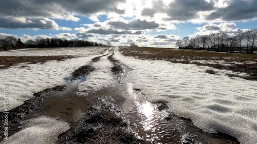 Snow-covered rural road with puddles under cloudy sky  