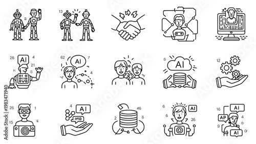 Human and ai collaboration line icon set showing teamwork, ai ethics and human machine interaction, editable stroke vector illustration for modern technology design.