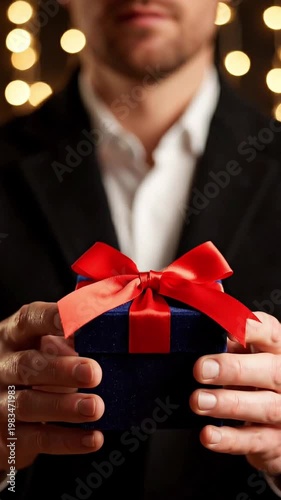 Man holding a blue gift box with red ribbon in festive setting  