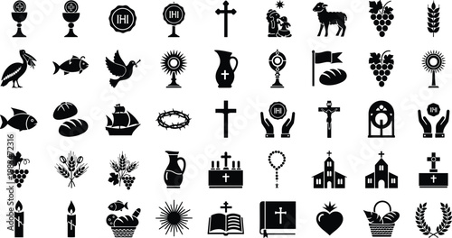 Religious symbols collection including chalice, cross, dove, bible, and grapes