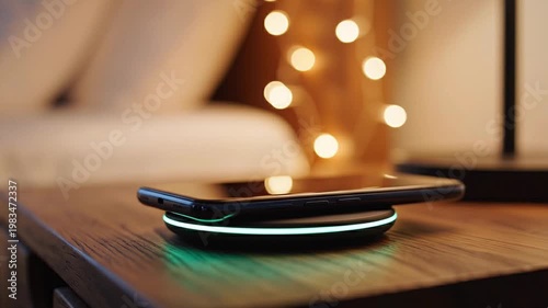 Smartphone charging on wireless pad with warm lights in background  