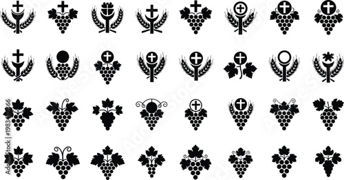 Religious symbols for communion and faith including grapes and crosses