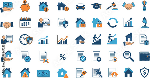 Business and Financial Management Icon Set with Investment, Security, Property, Legal, and Growth Indicators for Websites and Apps