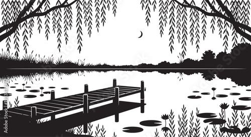 Peaceful lake with willow tree branches hanging over water wooden dock and lily pads with moon crescent.