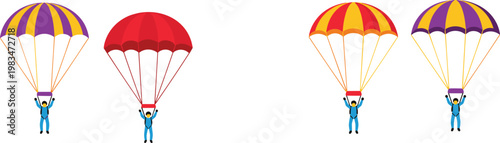 Vector Set of Parachutists with Colorful Parachutes, Perfect for Skydiving, Extreme Sports, and Adventure Illustrations