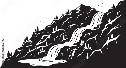 Rocky mountain landscape with multiple waterfalls cascading into a tranquil pool, vector illustration.