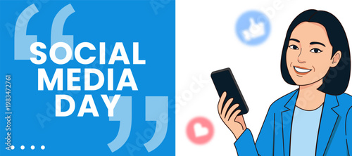 Social media day celebration banner with cartoon woman holding smartphone