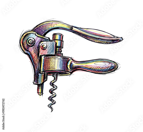 Corkscrew with spiral screw and lever handle forming essential accessory for opening wine bottles with mechanical detail in