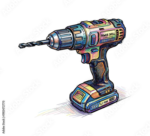 Cordless power drill with compact body and textured grip featuring rotating chuck and battery pack in expressive vibrant