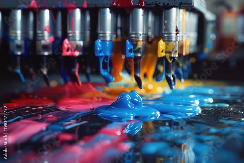 Printing machine pouring colorful pigment on surface in typography