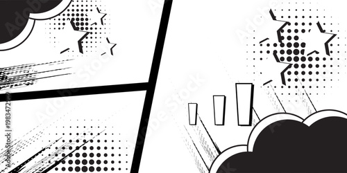Set of manga comic speed line, zoom and motion effects background, frames, screentone with speech bubbles. Anime radial light flash explosion black
